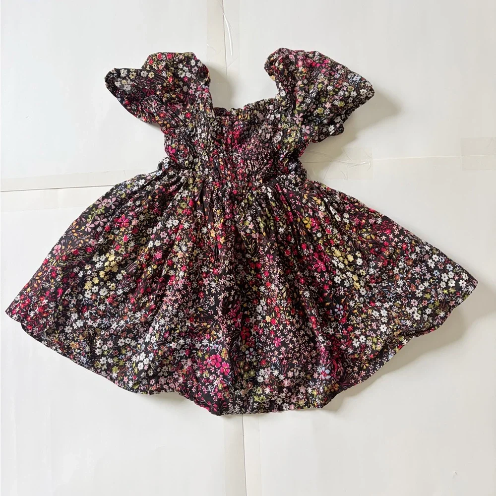 GAP Baby Black smocked dress with Pink and White Floral Accents 3y
